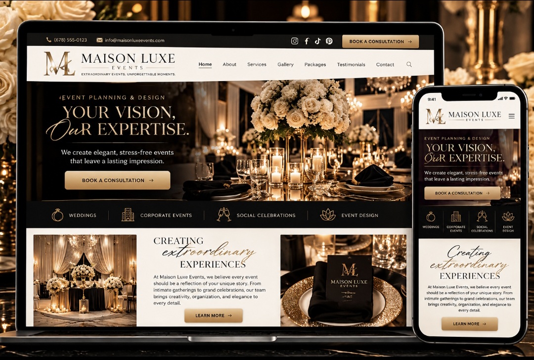 Example of a new website designed from scratch — Maison Luxe Events, shown on a laptop and phone
