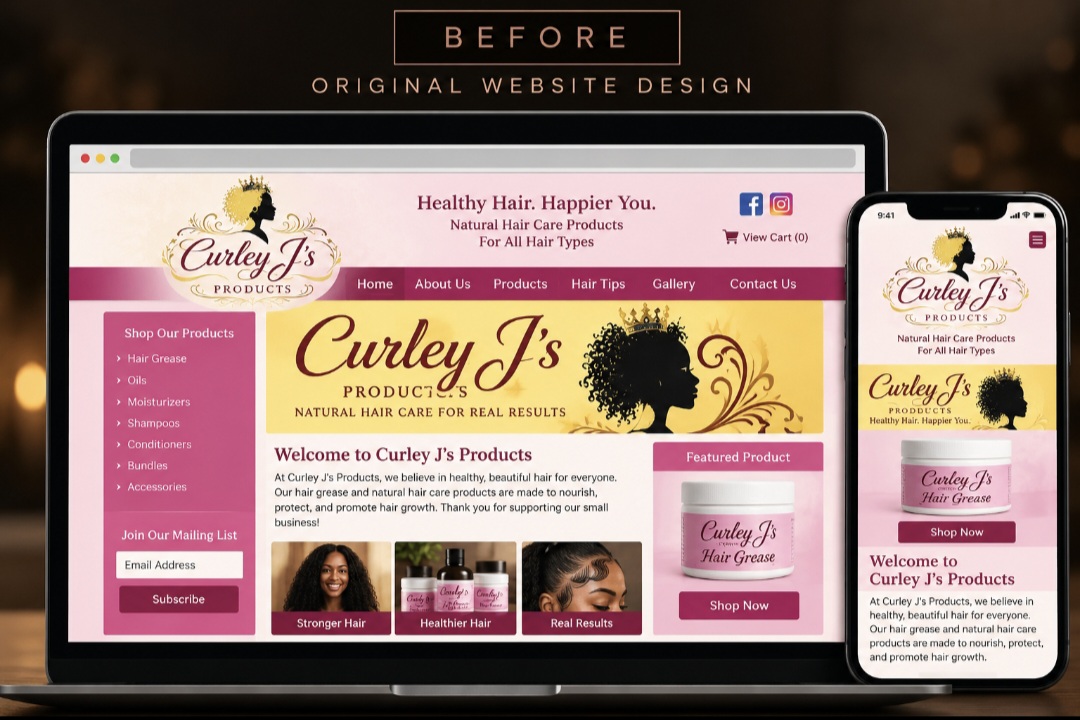 Before — original Curley J's Products website design